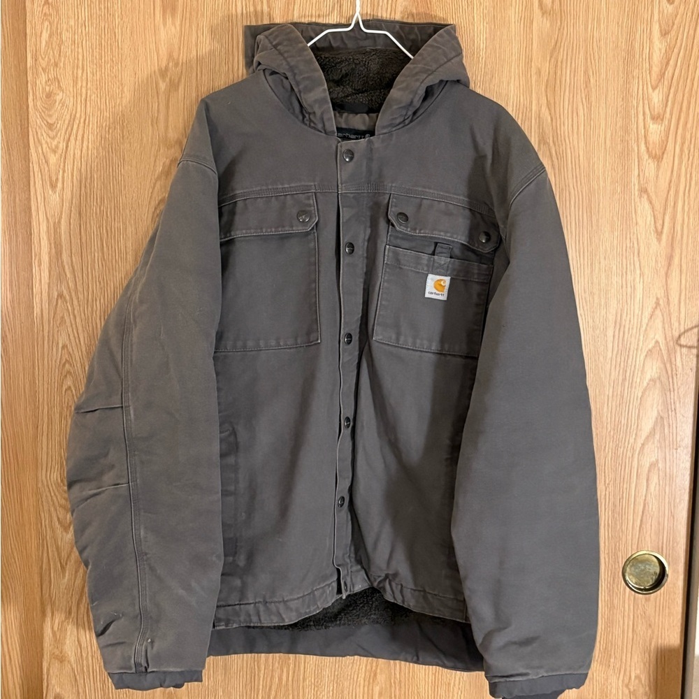 Carhartt Men's Dark Gray Duck Canvas Sherpa Lined Waterproof Relaxed Work Coat
